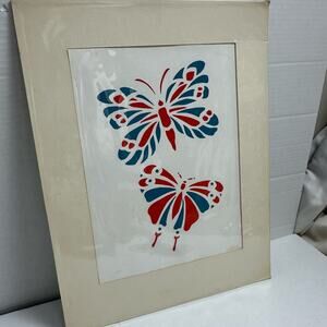 Red Blue Butterflies Stencil Drawing Painting Original Art Matted Wall Decor